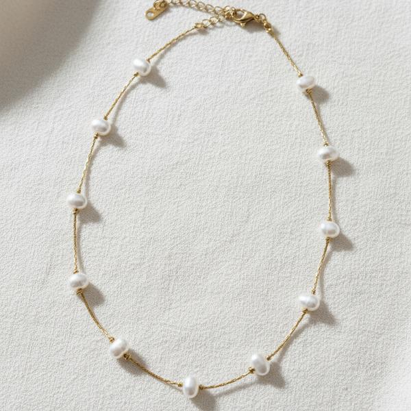 Pearl necklace on an elevated cream linen background