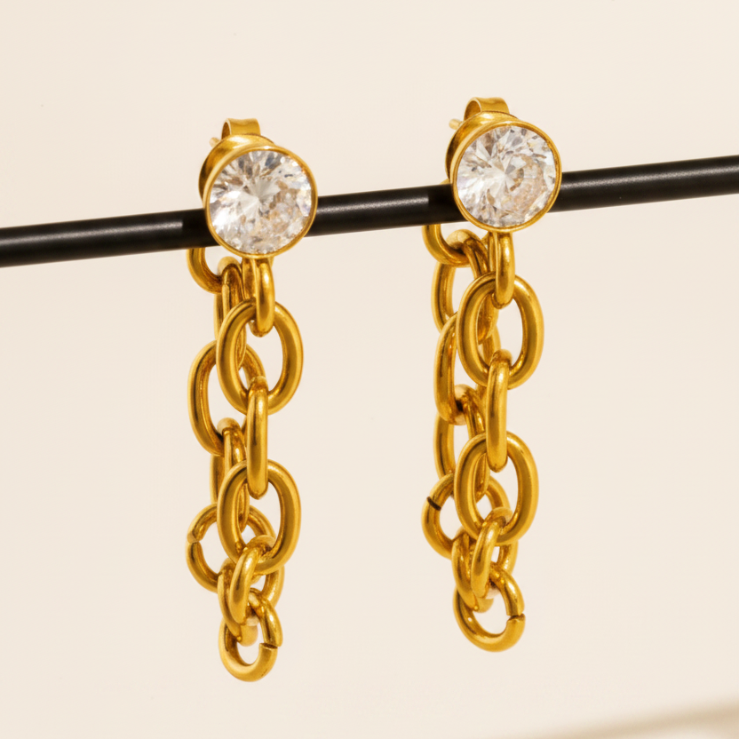 Crystal Chain Drop Earrings – Black Pole