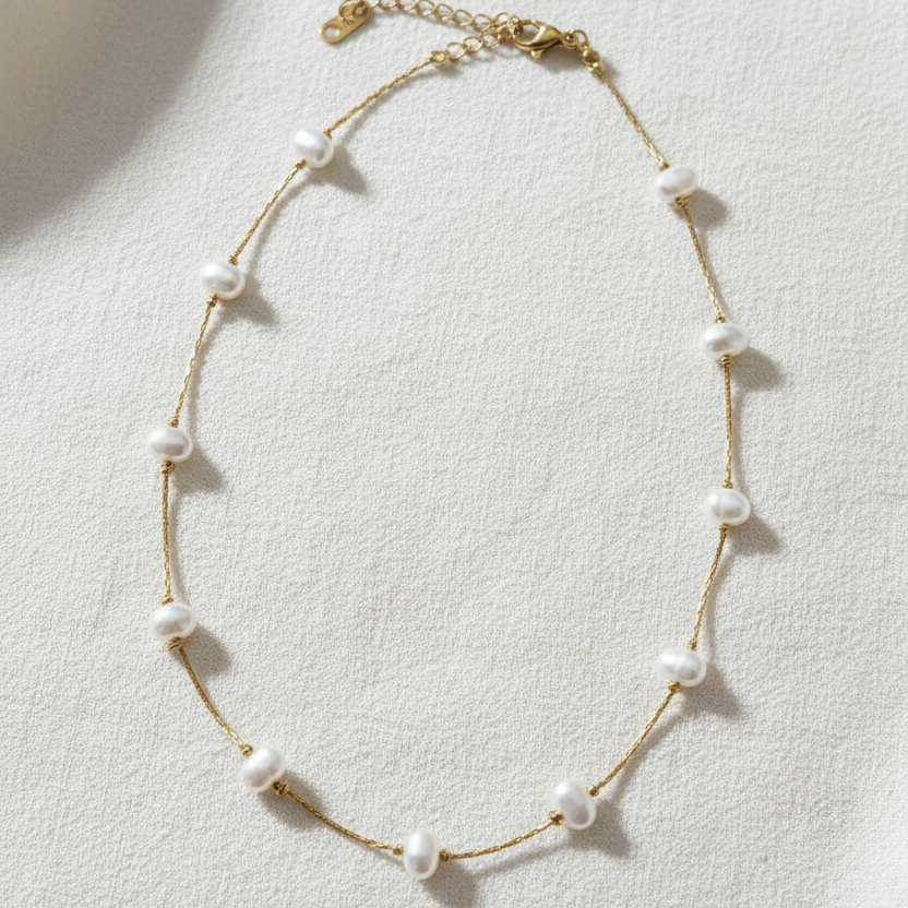 Pearl necklace on an elevated cream linen background